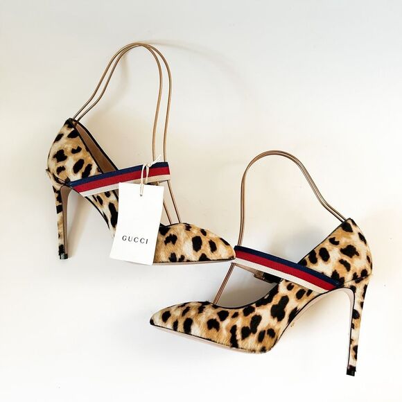 Gucci Web Stripe Sylvie Leopard Animal Print Heels Pumps 38.5, 8.5 - Picture 6 of 12